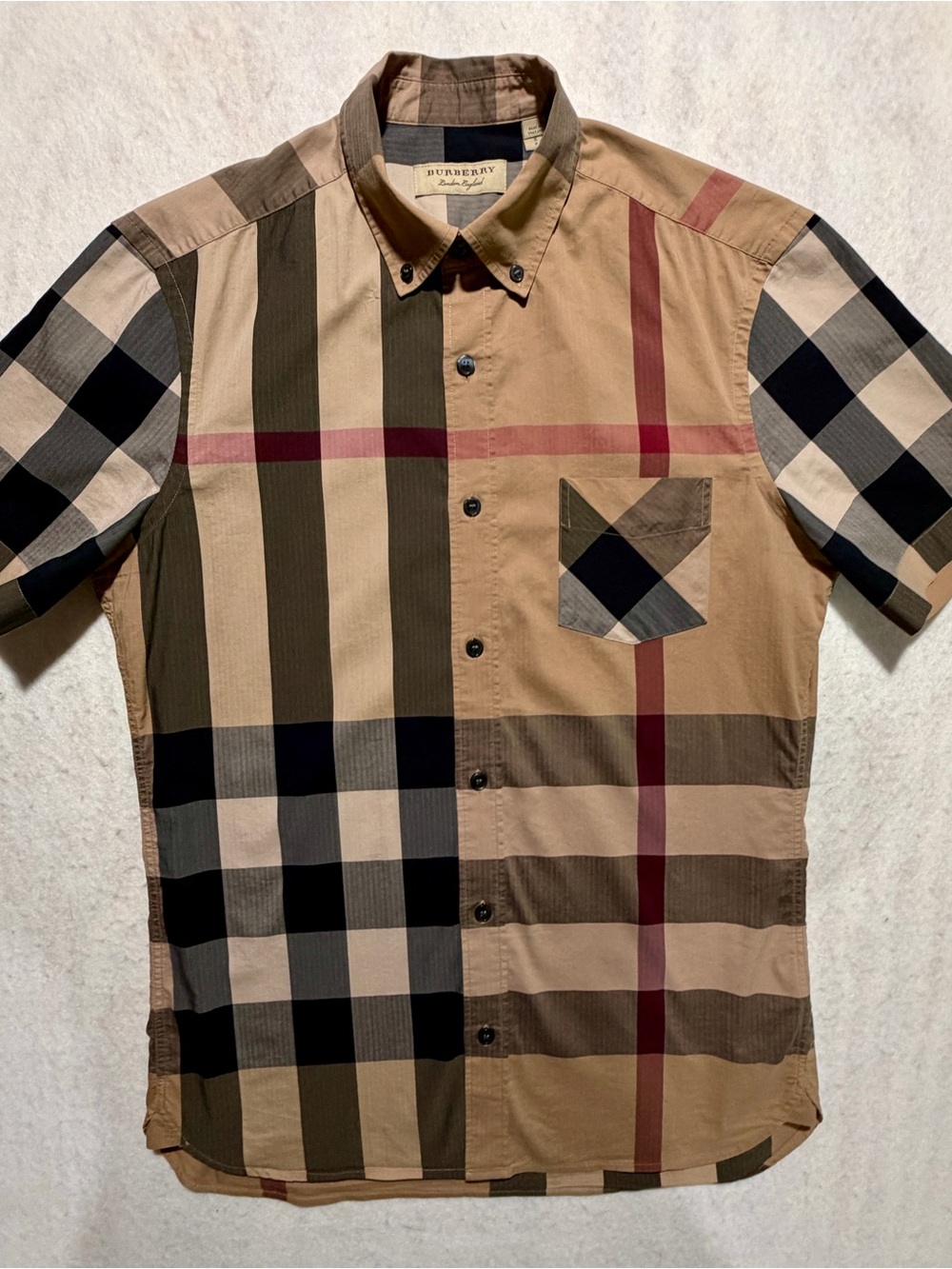 Burberry London Patchwork Mixed Scale Check Short Sleeve Shirt Mens size Small S